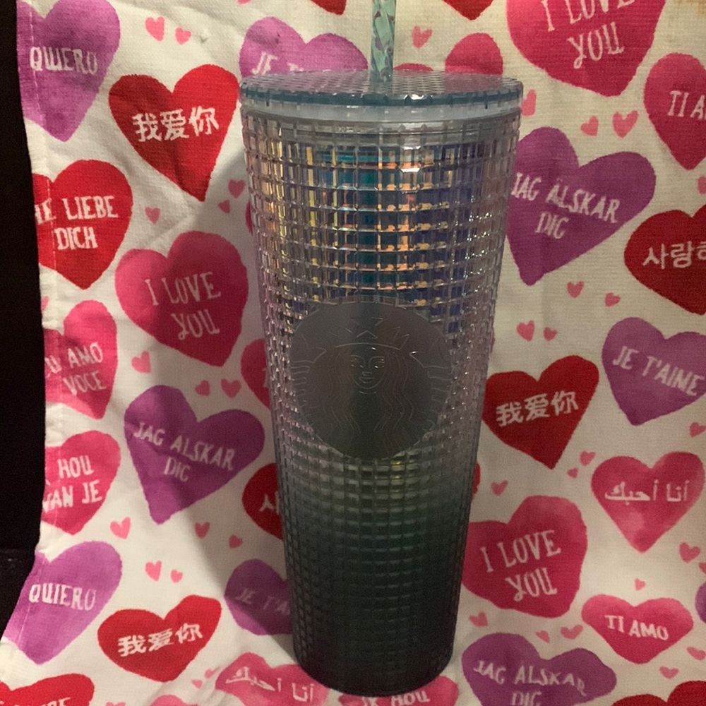 Starbucks January 2023 Release Disco Teal Blue Gradient Grid Cold Cup